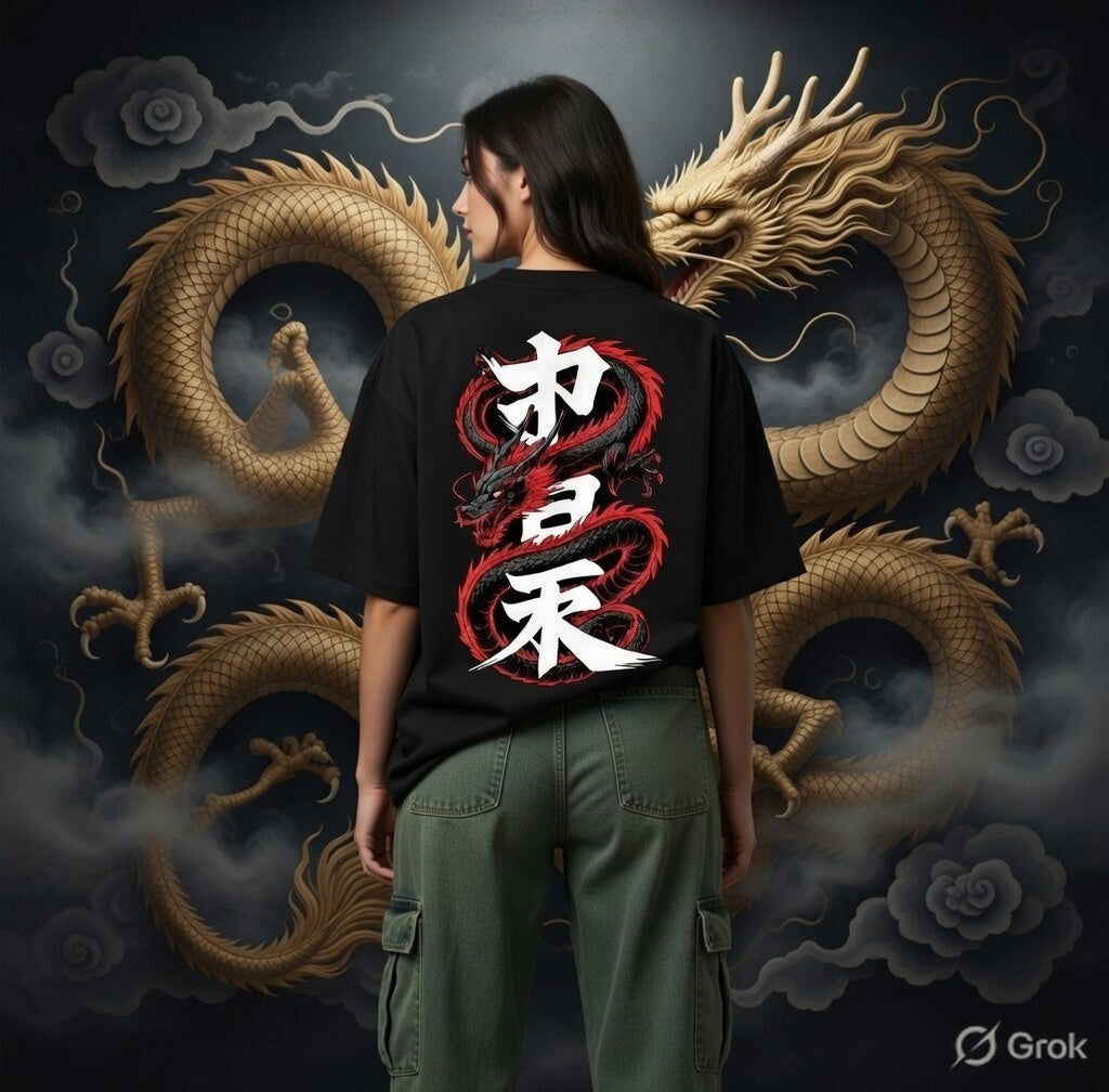Ryū no Nihon Dragon Oversized T-Shirt – Japanese Kanji Back Print | Unisex Premium Streetwear