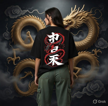Ryū no Nihon Dragon Oversized T-Shirt – Japanese Kanji Back Print | Unisex Premium Streetwear