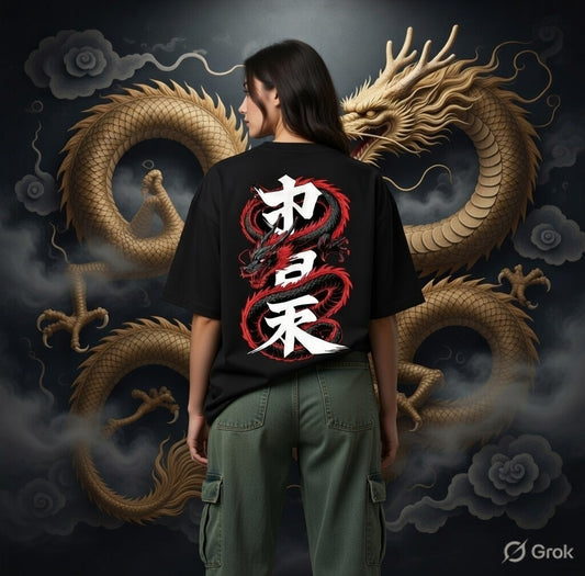 Ryū no Nihon Dragon Oversized T-Shirt – Japanese Kanji Back Print | Unisex Premium Streetwear