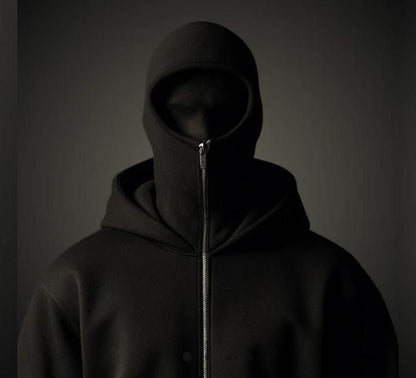 Men’s Black Zipper Hoodie with Built-in Face Mask – Full Sleeve Streetwear