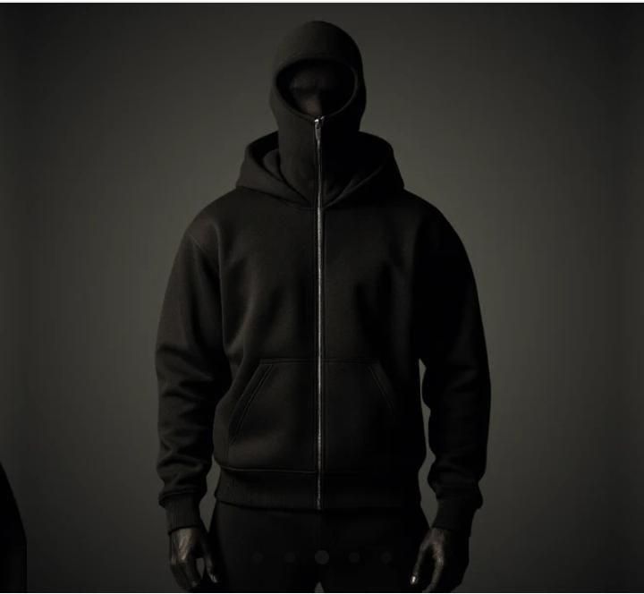 Men’s Black Zipper Hoodie with Built-in Face Mask – Full Sleeve Streetwear