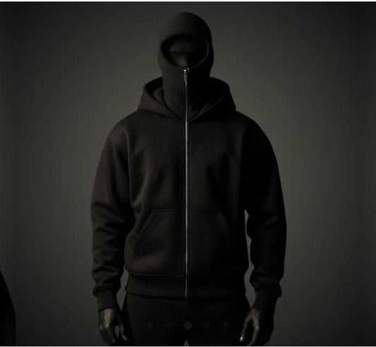 Men’s Black Zipper Hoodie with Built-in Face Mask – Full Sleeve Streetwear