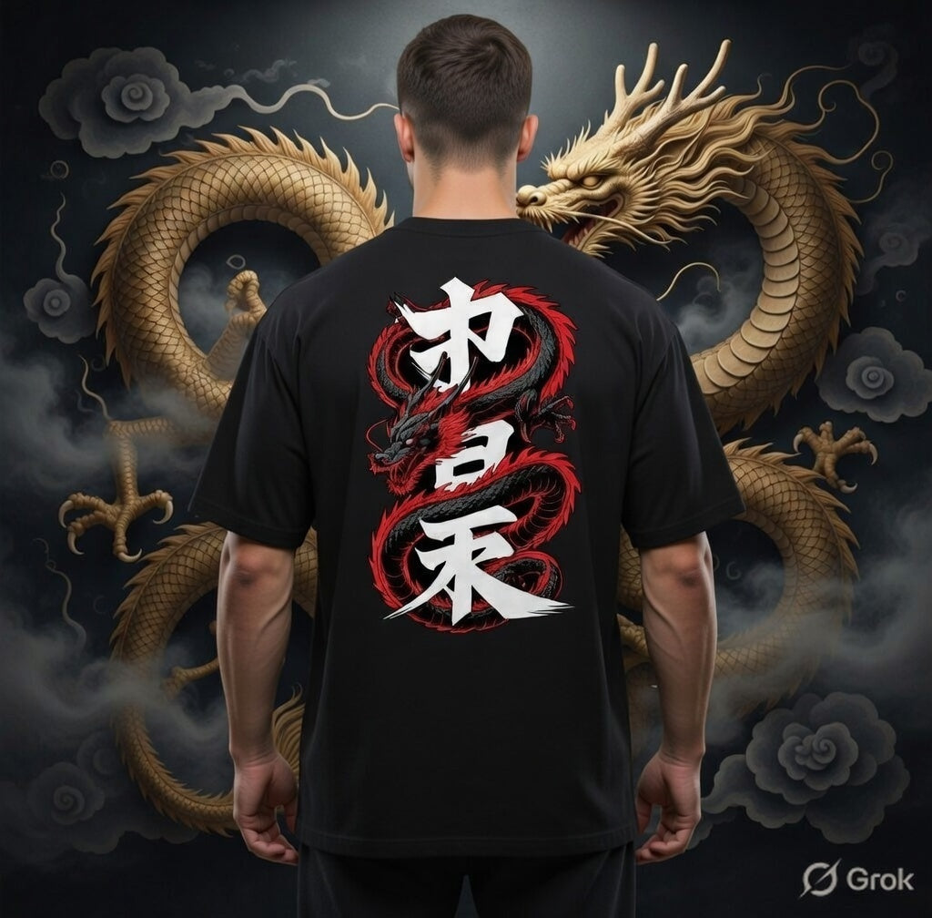 Ryū no Nihon Dragon Oversized T-Shirt – Japanese Kanji Back Print | Unisex Premium Streetwear