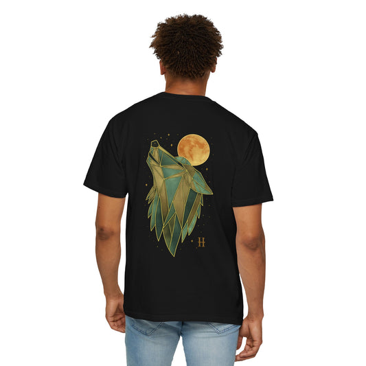 Celestial Geometric Wolf Oversized T-Shirt – Moon Howl Back Print | Premium Streetwear Unisex Tee
